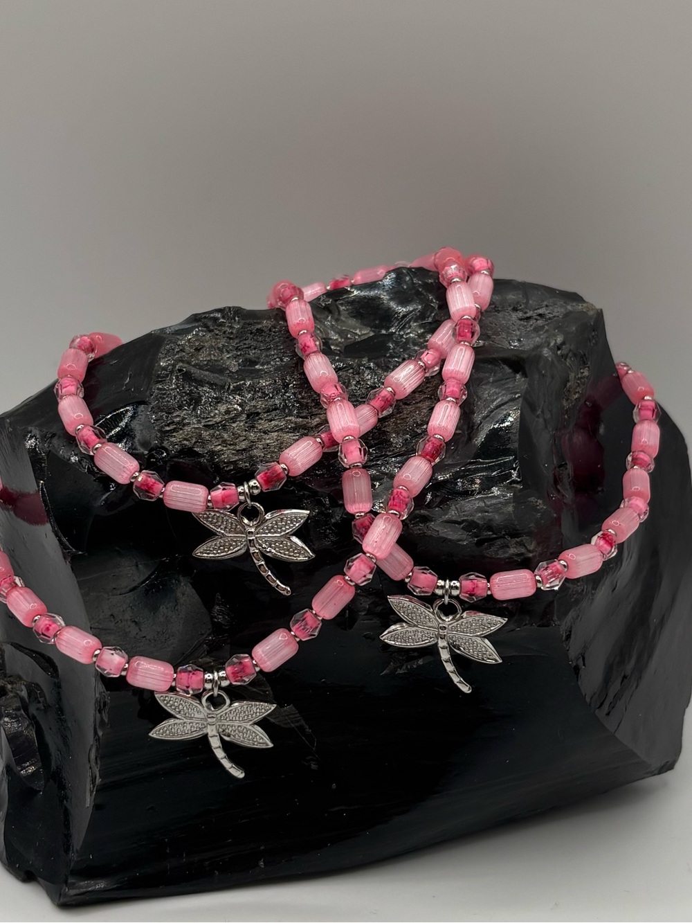 *ANKLET* S.Steel Dragonfly & Pink Cat’s Eye Glass Stretchy Anklet